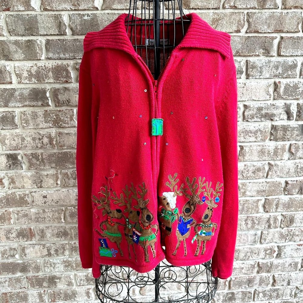 Tiara International Christmas Collection Reindeer Cardigan Sz L? Zippere…